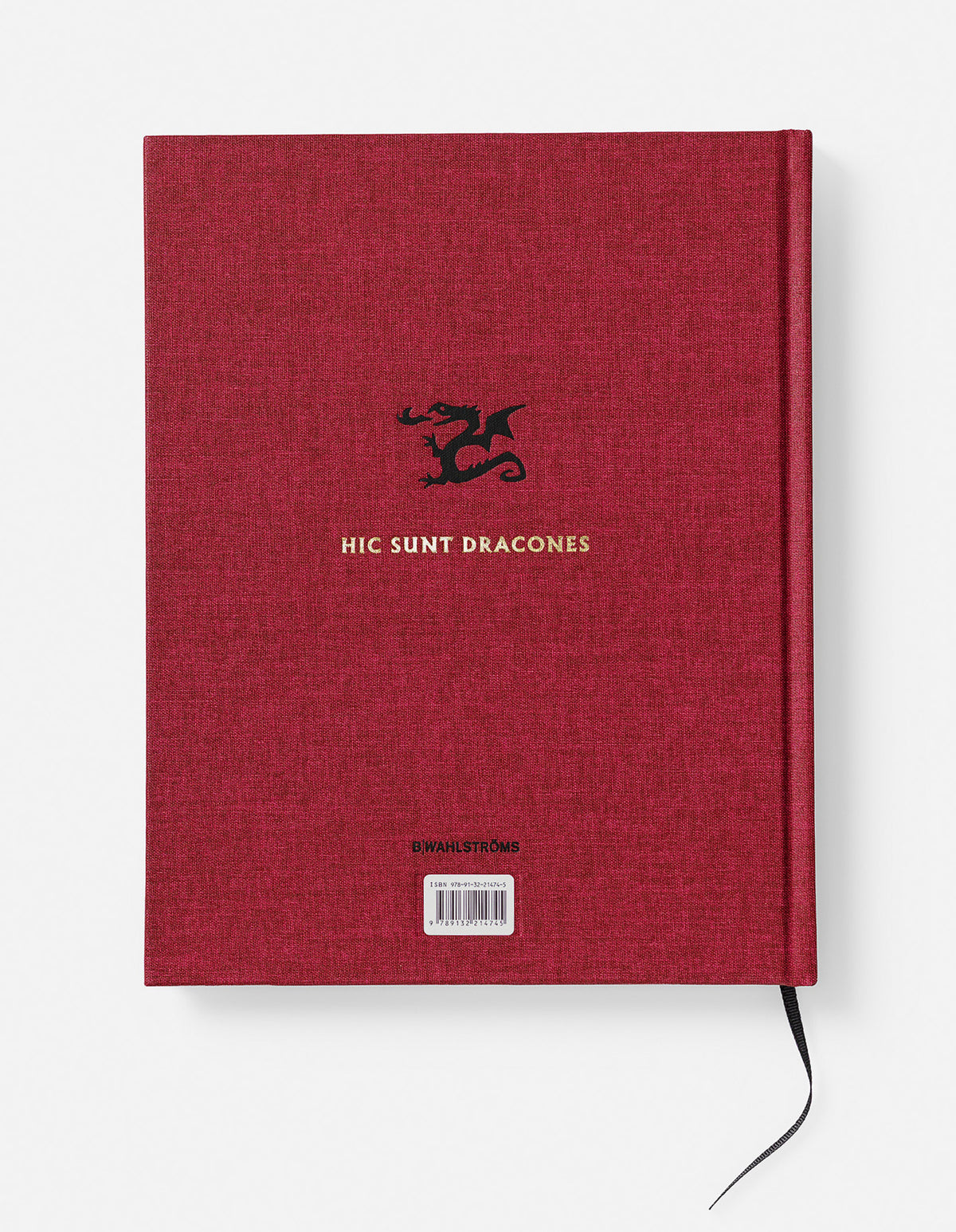 Back cover of Dragons in red cloth, with a black dragon emblem, the words Hic Sunt Dracones and a black ribbon.