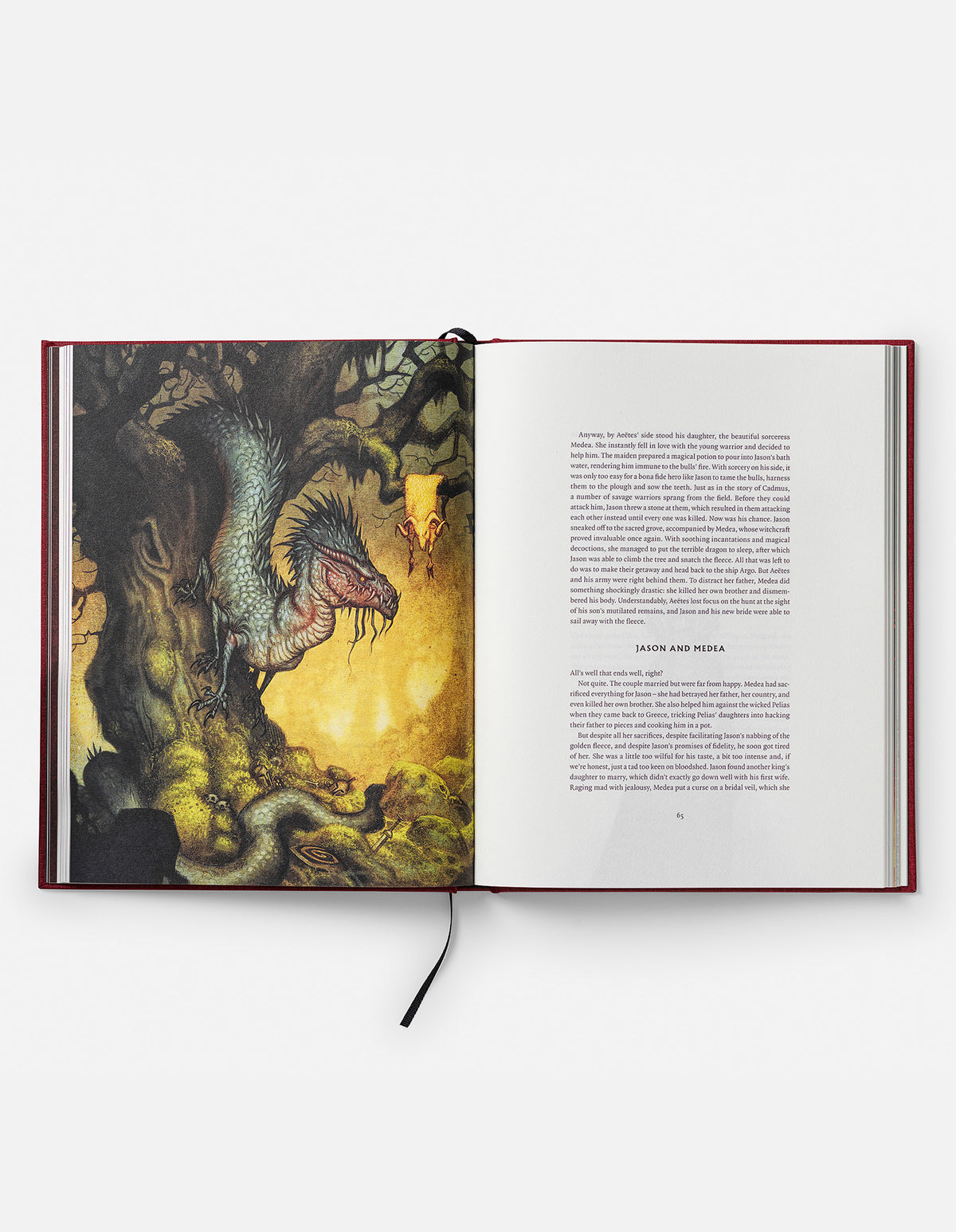 Open Dragons book at the Jason and Medea story, showing a serpentine dragon coiled around a tree beside the Golden Fleece.