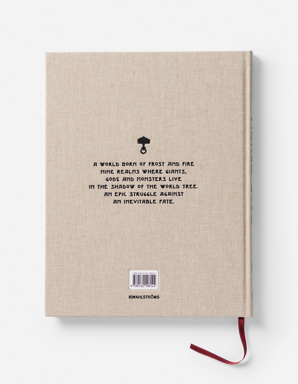 Back cover of Norse Gods in beige cloth, with a black hammer emblem, back-cover text and a red ribbon bookmark.