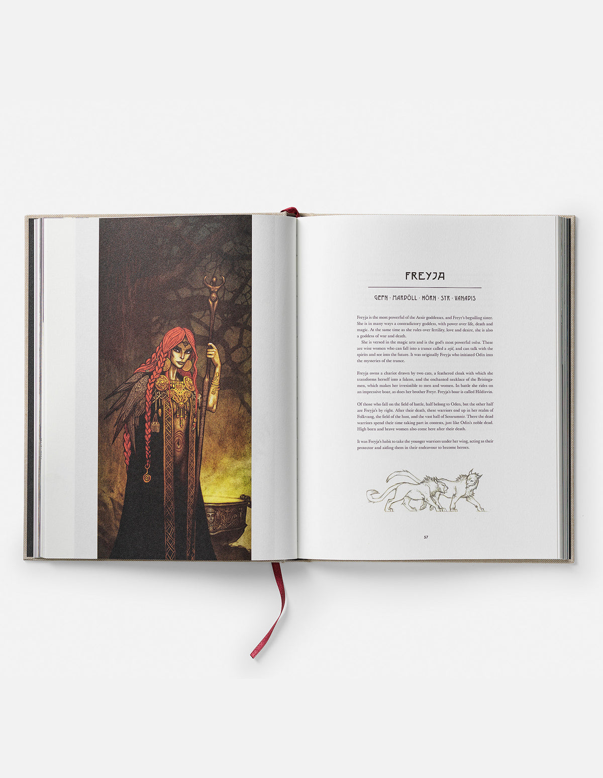 Open Norse Gods book at the Freyja chapter, showing red-braided Freyja holding a staff beside a glowing cauldron.