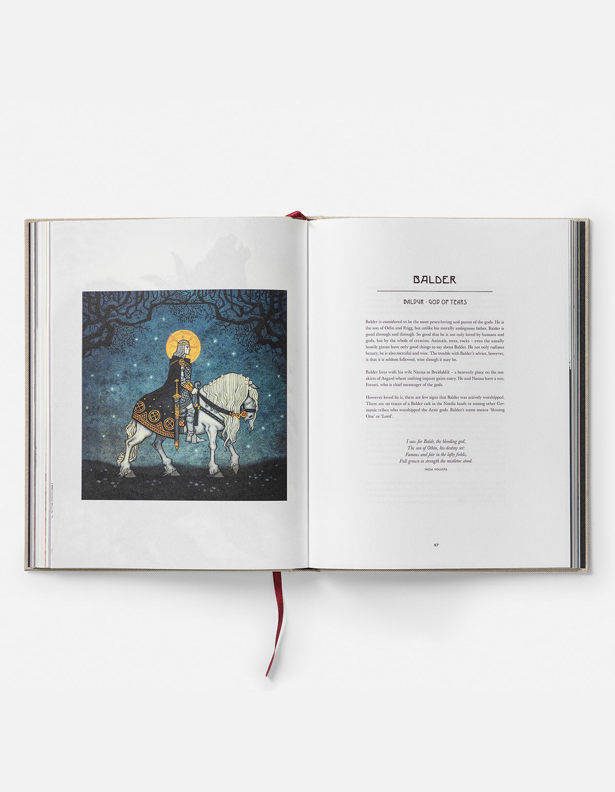 Open Norse Gods book at the Balder chapter, showing Balder with a golden halo riding a white horse at night.