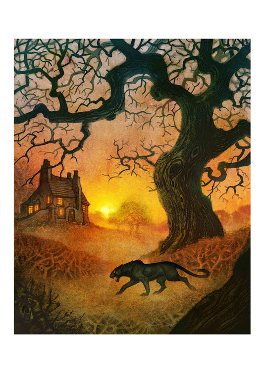 Art print by Johan Egerkrans: the Beast of Exmoor, a black big cat, prowling past a cottage and a gnarled tree at sunset.