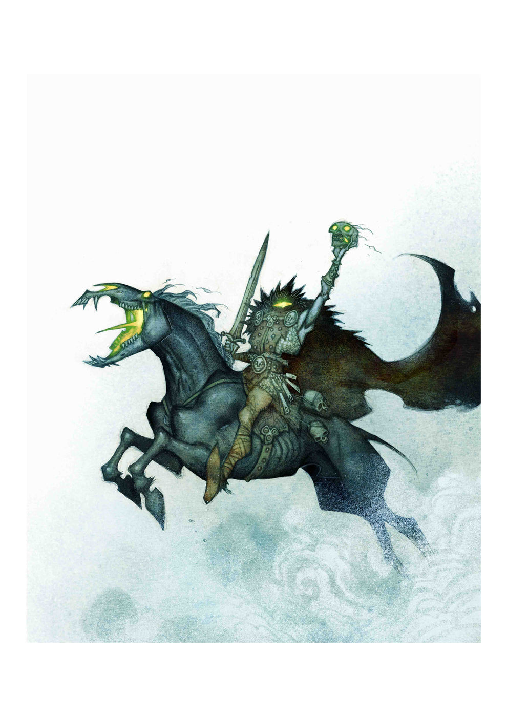 A headless Dullahan riding at night, illustrated by Johan Egerkrans