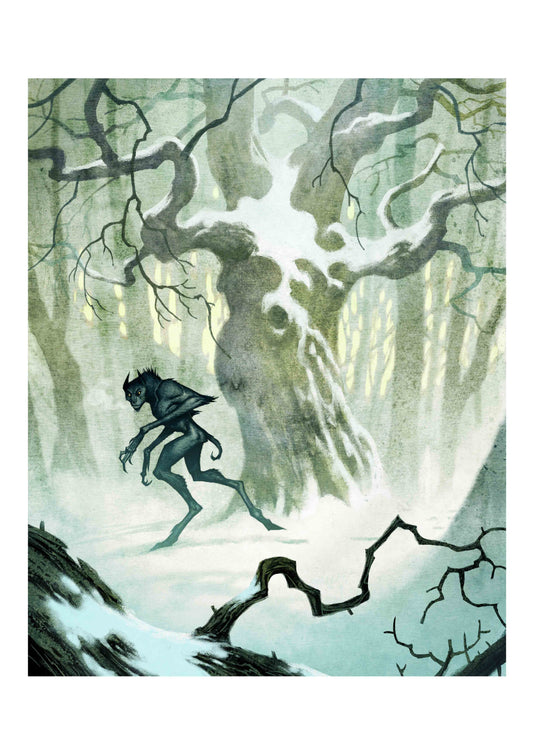 Art print by Johan Egerkrans: the horned, goat-legged Goatman running through a snowy forest.