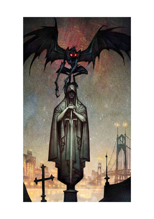 Art print by Johan Egerkrans: the red-eyed, winged Mothman perched on a statue above a city and bridge at night.