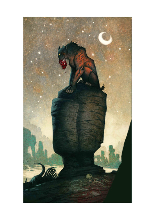 Art print by Johan Egerkrans: a snarling, cat-like mountain beast crouching on a rock pillar beneath a crescent moon.