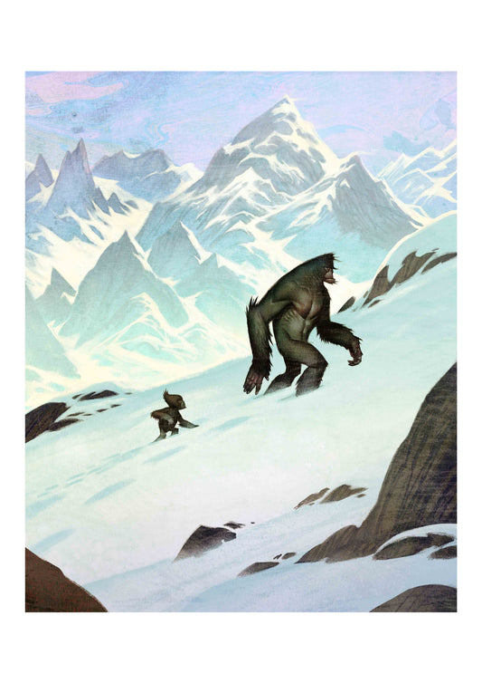 Art print by Johan Egerkrans: a Yeti striding across steep snowy mountain slopes, with a small figure far behind.